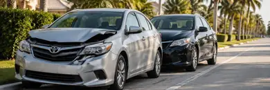 Two damaged cars stopped safely at the side of a sunlit Florida street